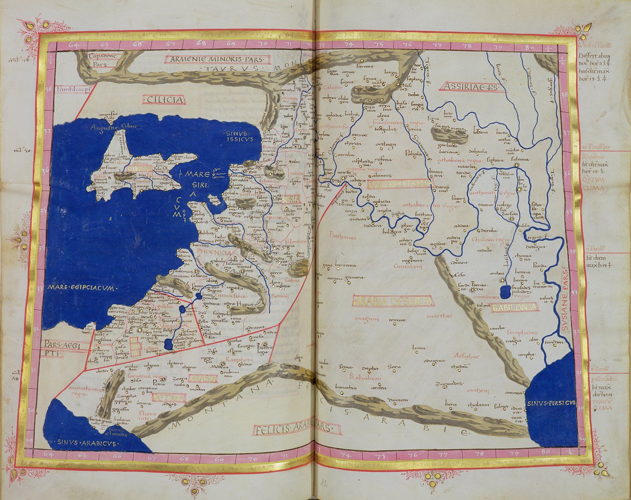 Ms Lat 463 f.111v-112r Kart over Fønikia, Mesopotamia og Babylon av Ptolemy