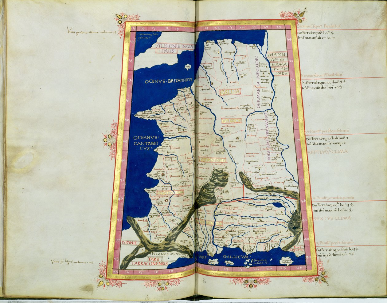 Ms Lat 463 fol.81v-82r Kart over Gallia, Belgia, Lyon og Aquitaine av Ptolemy