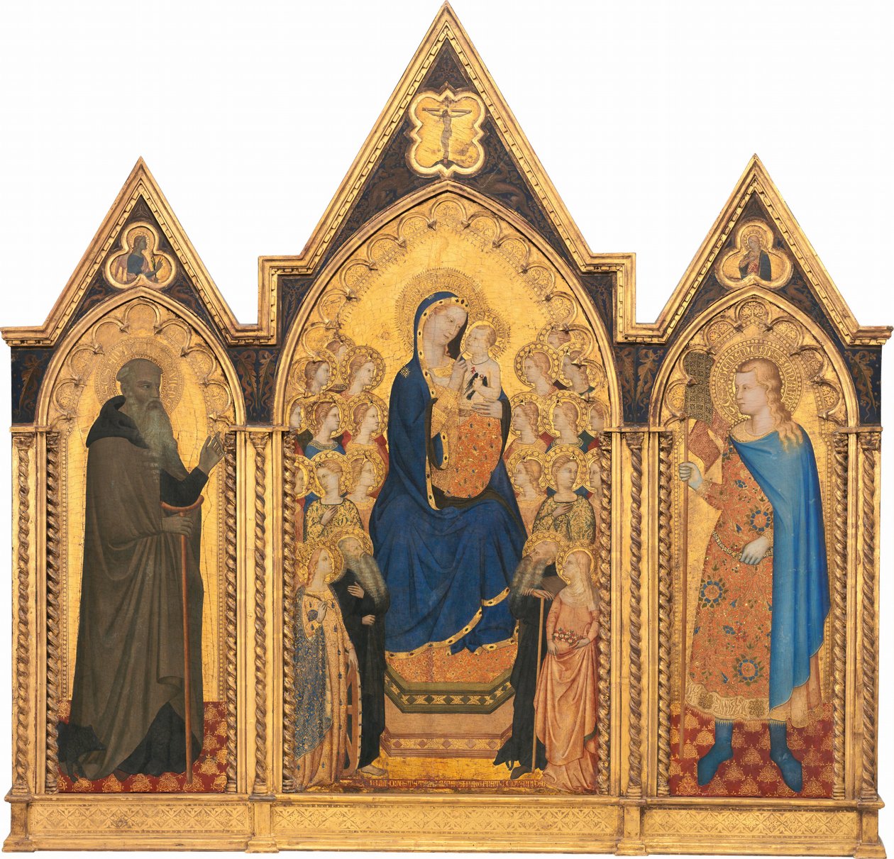 Madonna og barn tronet med hellige og engler, og de hellige Anthony Abbot og Venantius [hele triptyken] av Puccio di Simone and Allegretto Nuzi