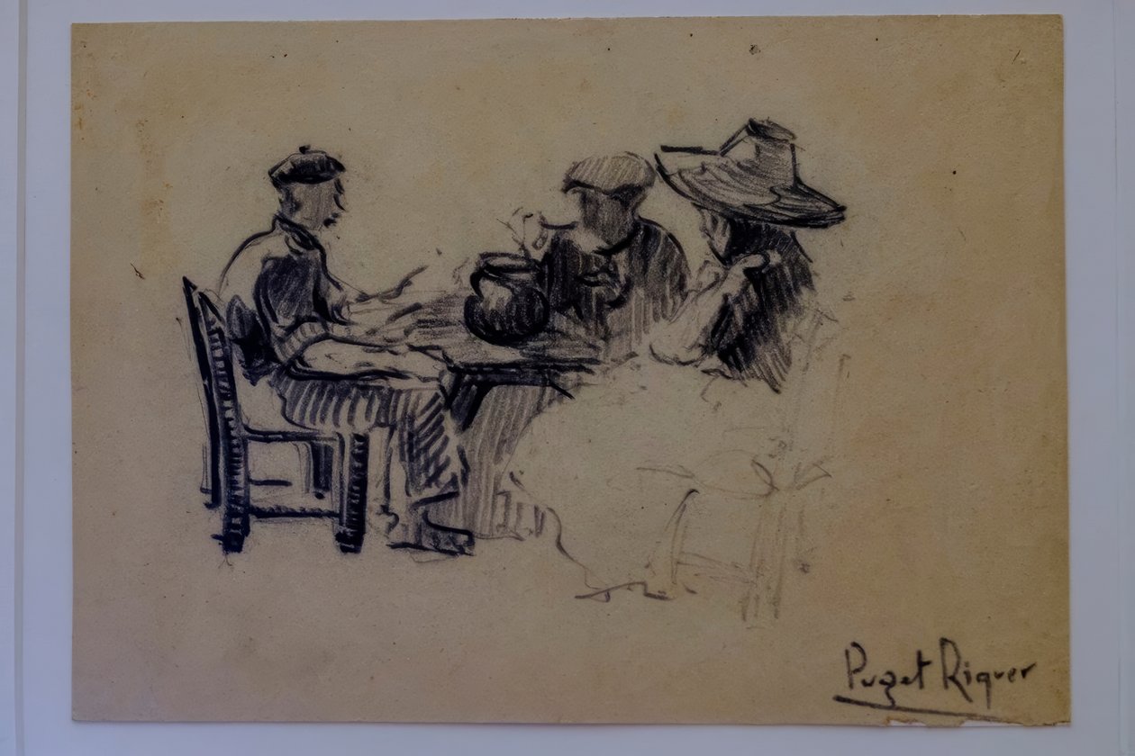 sittende figurer, Narcís Puget Riquer, kulltegning, Puget museum, adelige huset til Can LLaudis, Dalt Vila, Ibiza, balearene, Spania av Puget Riquer