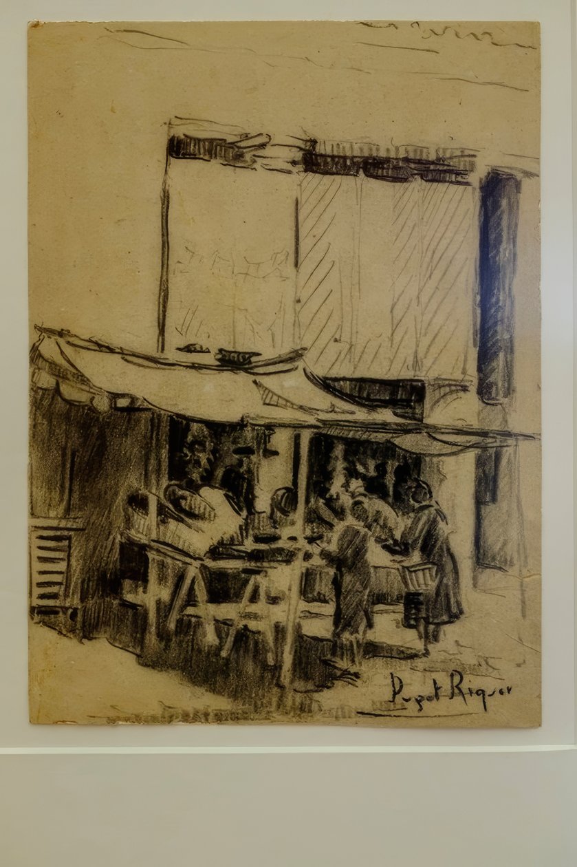 torget, Narcís Puget Riquer, kulltegning, Puget museum, edle huset til Can LLaudis, Dalt Vila, Ibiza, balearene, Spania av Puget Riquer