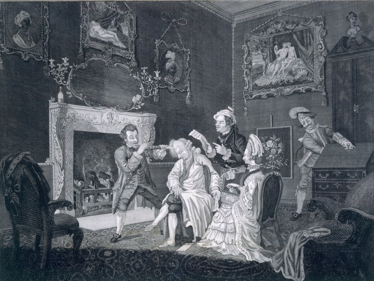 Tjenere distraherer en forfengelig gammel mann mens en annen stjeler fra byrået, gravert av Goldar, 1771 av Pugh