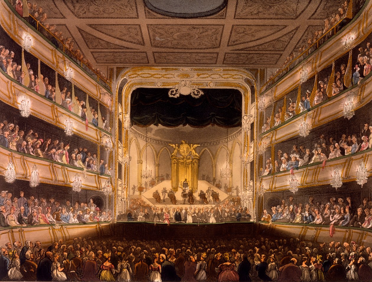 Covent Garden Theatre, fra Microcosm of London av R Ackermann, 1808 (håndfarget akvatint) av Pugin and Rowlandson