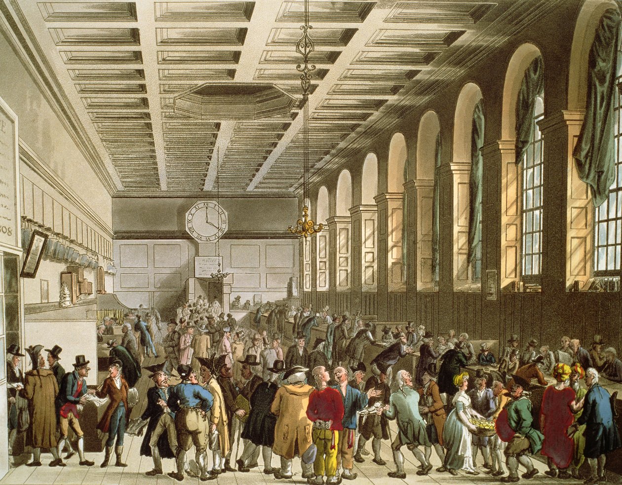 Customs House, The Long Room, fra Ackermanns "Microcosm of London" av Pugin and Rowlandson