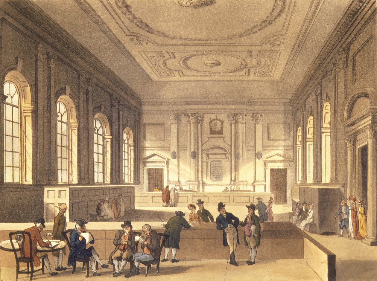 Dividend Hall på South Sea House, pub. av R. Ackermann, 1810 (akvatint) av Pugin and Rowlandson