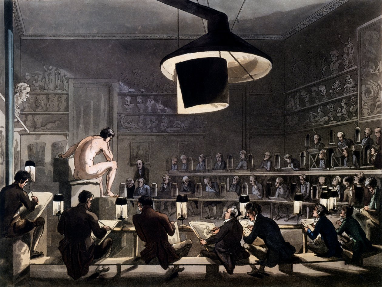 Tegning fra Life at the Royal Academy, Somerset House, London, fra Microcosm of London av R. Ackermann, 1810 (farget akvatint) av Pugin and Rowlandson