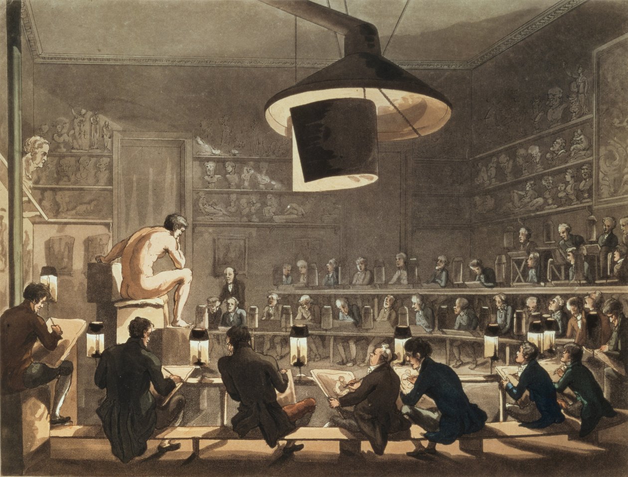 Tegning fra livet ved Royal Academy, gravert av Richard Banks Harraden (1778-1862) (akvatint) av Pugin and Rowlandson