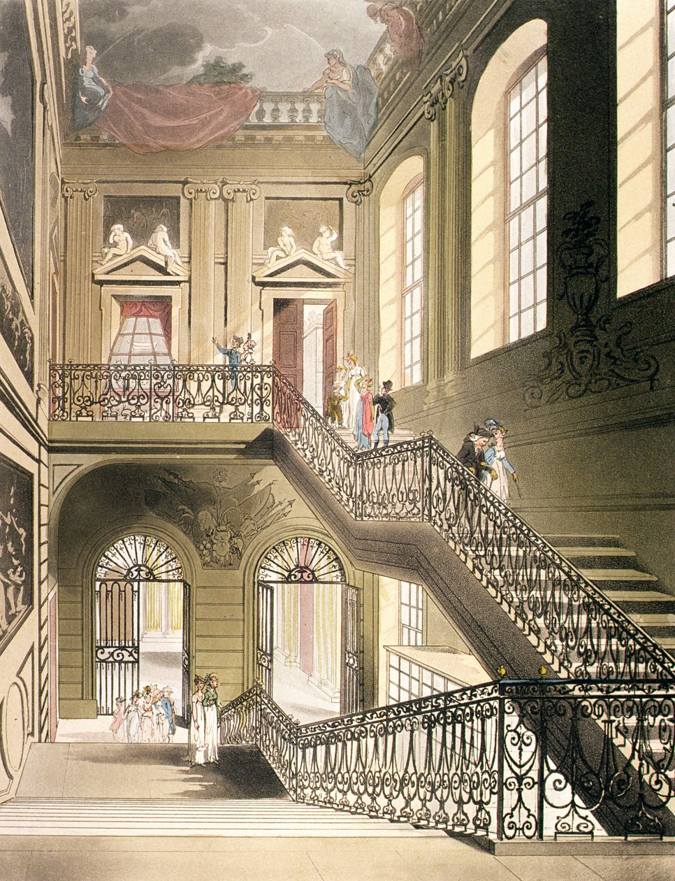 Hallen og trappen fra British Museum fra Ackermanns "Microcosm of London" av Pugin and Rowlandson