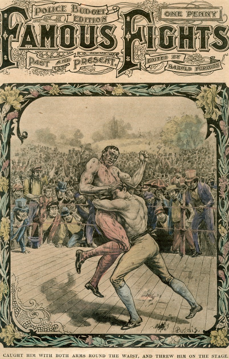 Tok ham med begge armene rundt livet, og kastet ham på scenen, c1890-c1909. av Pugnis
