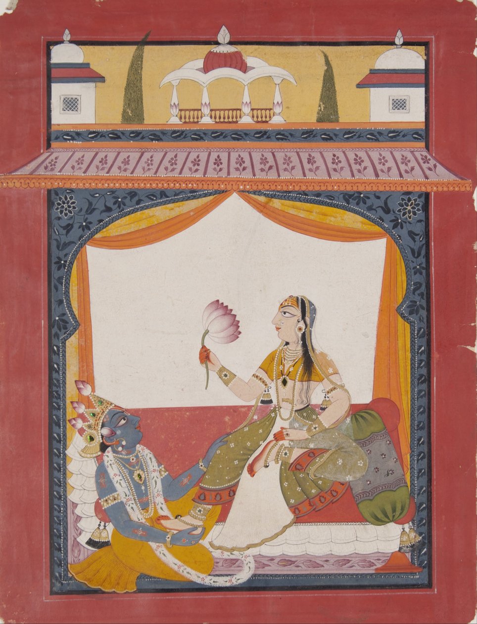 Krishna masserer føttene til Radha, en scene muligens fra Gita Govinda av Punjab Hills