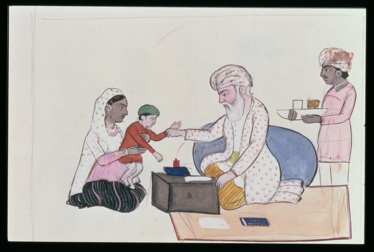Indisk lege undersøker en pasient, ca. 1890 (wc på papir) av Punjabi School
