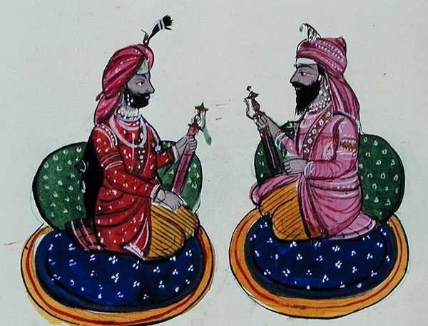Maharaja Kharak Singh og Maharaja Nau Nihal Singh, ca. 1890 (akvarell på papir) av Punjabi School