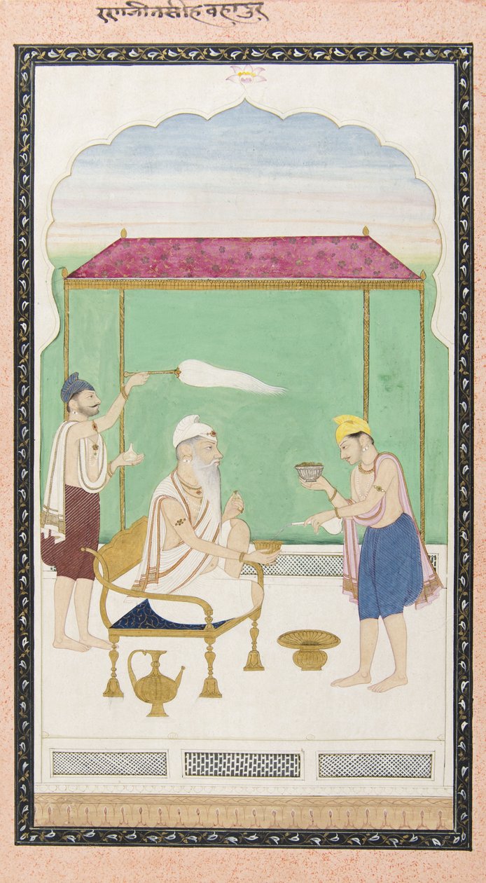 Ranjit Singh sittende på en gullstol, deltatt av en morkisk bærer, ca. 1830 av Punjabi School