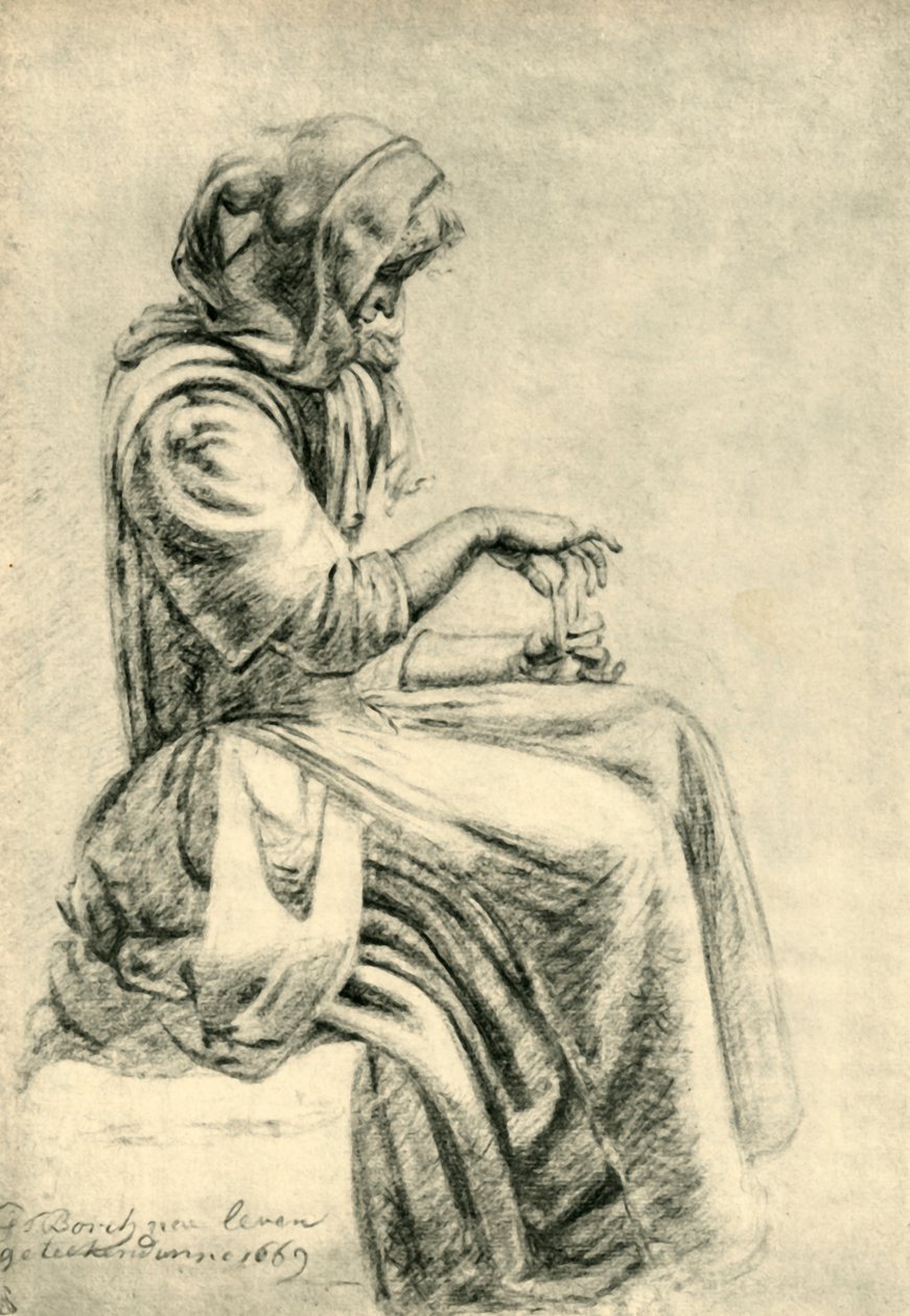 Sittende kvinne med spillekort, 1669, 1943. av Pupil of Gerard ter Borch II