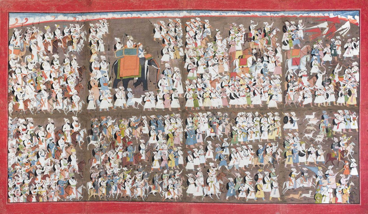 Sansar Chand sittende på en elefant, omgitt av en hær til fots og til hest, ca. 1790 (ugjennomsiktig wc på papir) av Purkhu