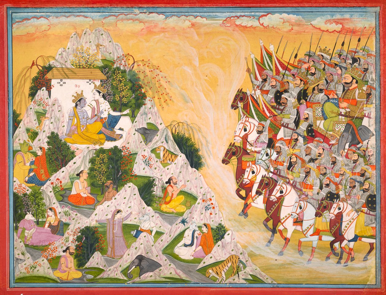 Jarasandhas hær rykker frem mot Krishna og Balrama, Folio fra en Mahabharata, ca. 1800-1815. av Purkhu