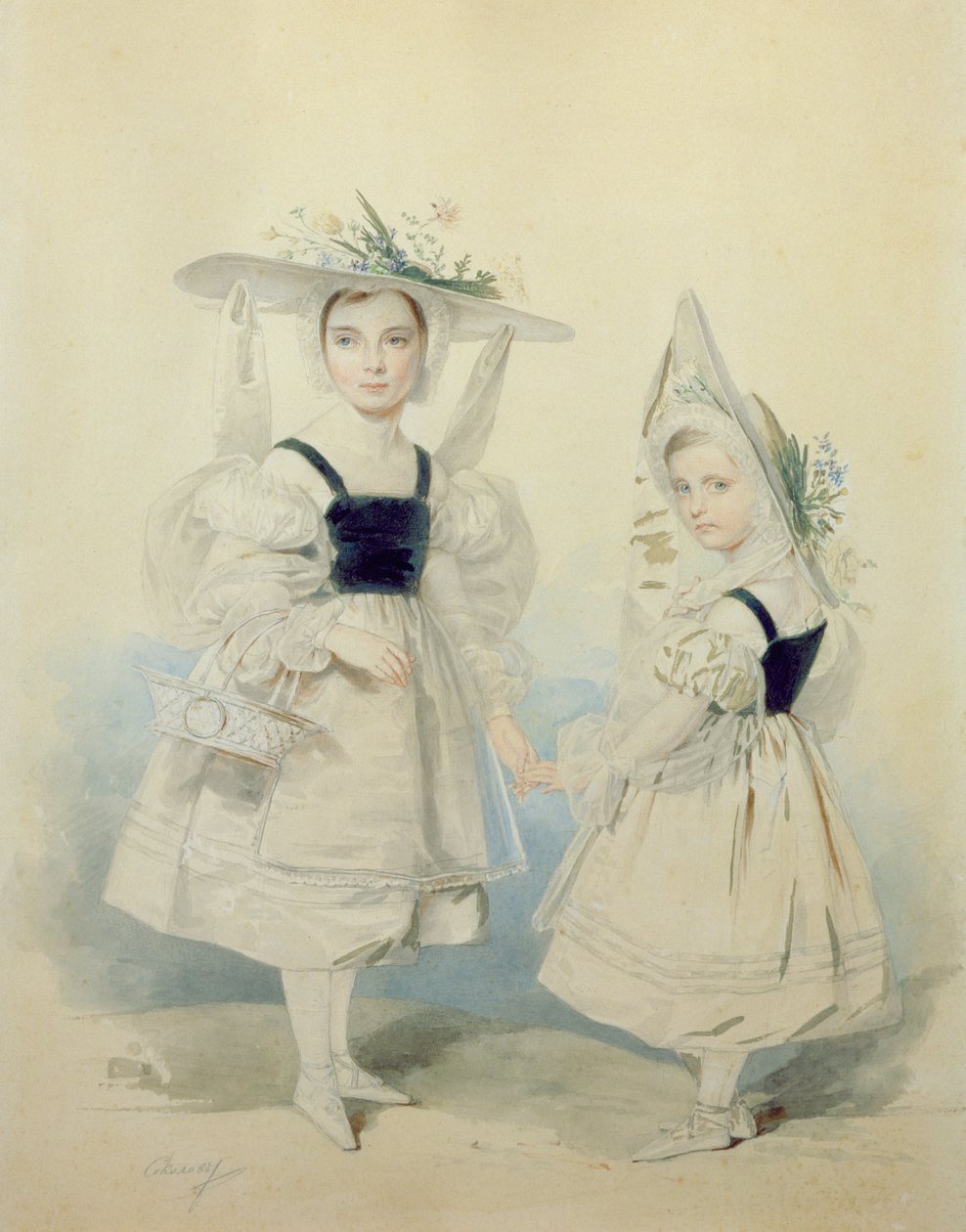 Portrett av storprinsessene Olga og Alexandra i fancy kjole, 1830-årene av Pyotr Fyodorovich Sokolov