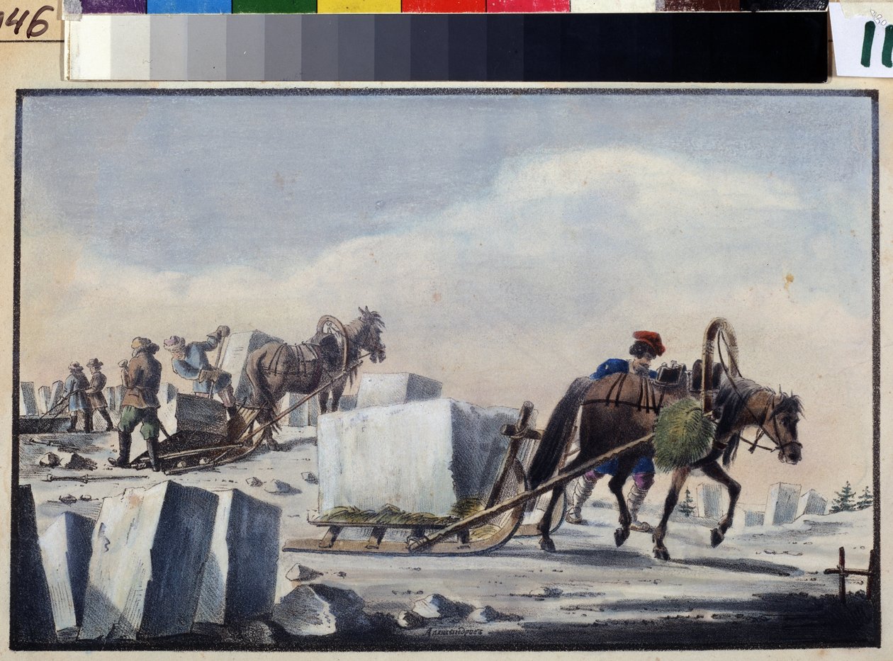 Issplitting. Maleri av Pyotr Alexandrovich Alexandrov (1794-?). Akvarell og blekk på papir av Pyotr Alexandrovich Alexandrov