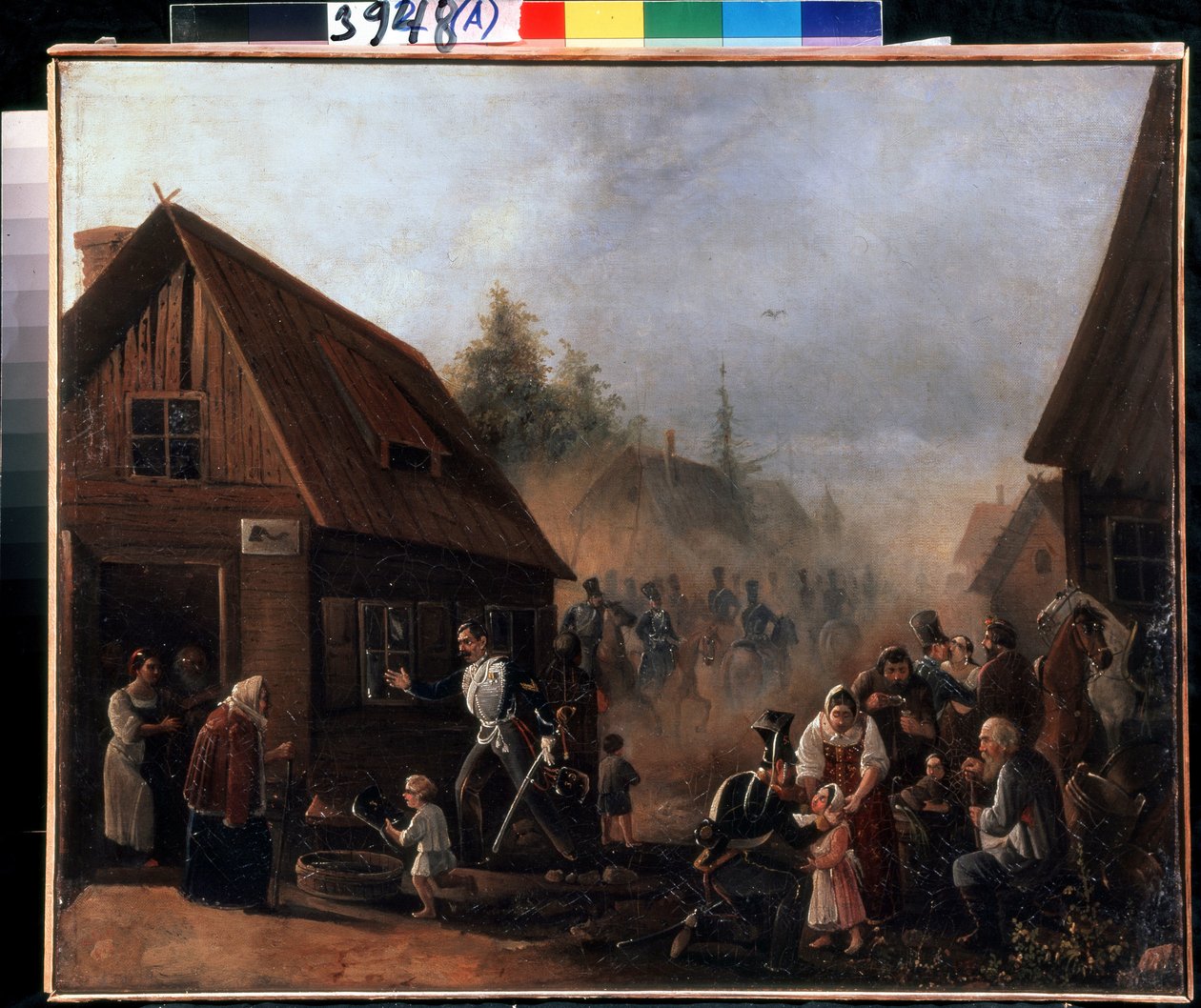 Scene fra den russiske franske krigen i 1812 (Scene fra den russiske franske krigen i 1812). Maleri av Pjotr ​​Iljitsj Baykov (1817-?). Olje på lerret, 45,3 x 55,5 cm av Pyotr Baykov