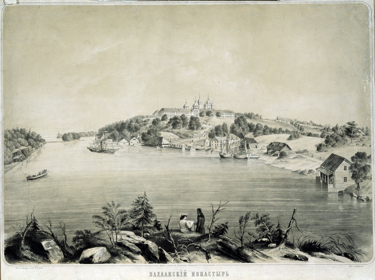 Valaam-klosteret (eller Valamo) på Valaam-øya i Lagoda-sjøen (Russland) (Valaam-klosteret på Valaam-øya i Lagoda-sjøen). Tegning av Pyotr Fyodorovich Borel (1829-1898). Litografi, 53,3 x 70,5 cm av Pyotr Fyodorovich Borel
