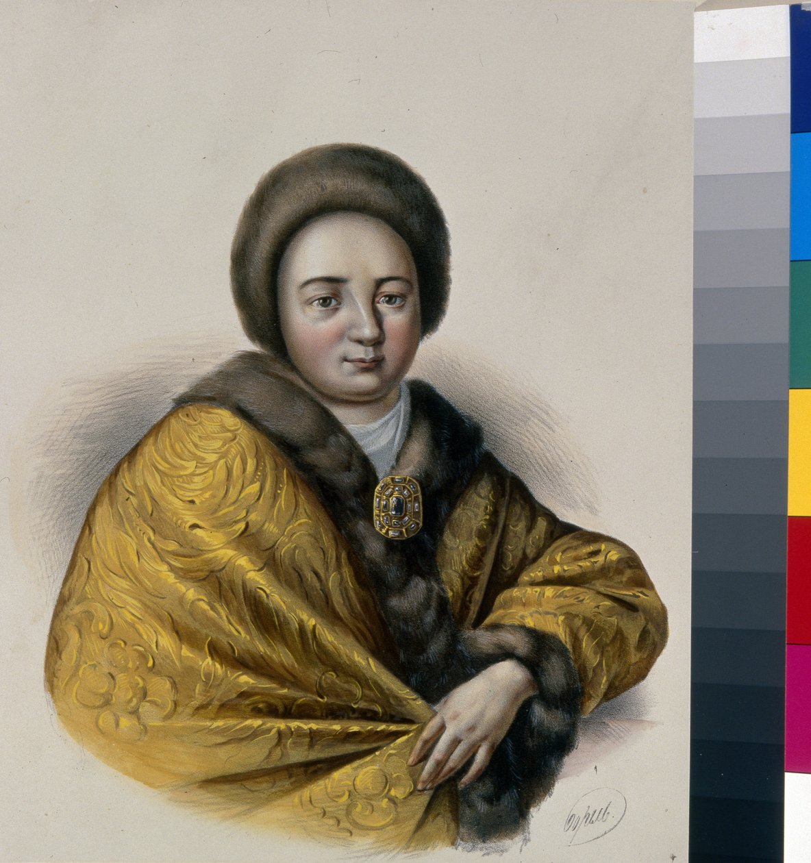 Portrett av tsarina Natalia Naryshkina (Narychkina) (Nathalie Narychkine) (1651-1694), kone til tsar Alexis I av Russland (1629-1676). Verk av Pyotr Fyodorovich Borel (1829-1898), litografi, ca. 1860. Russisk kunst av Pyotr Fyodorovich Borel