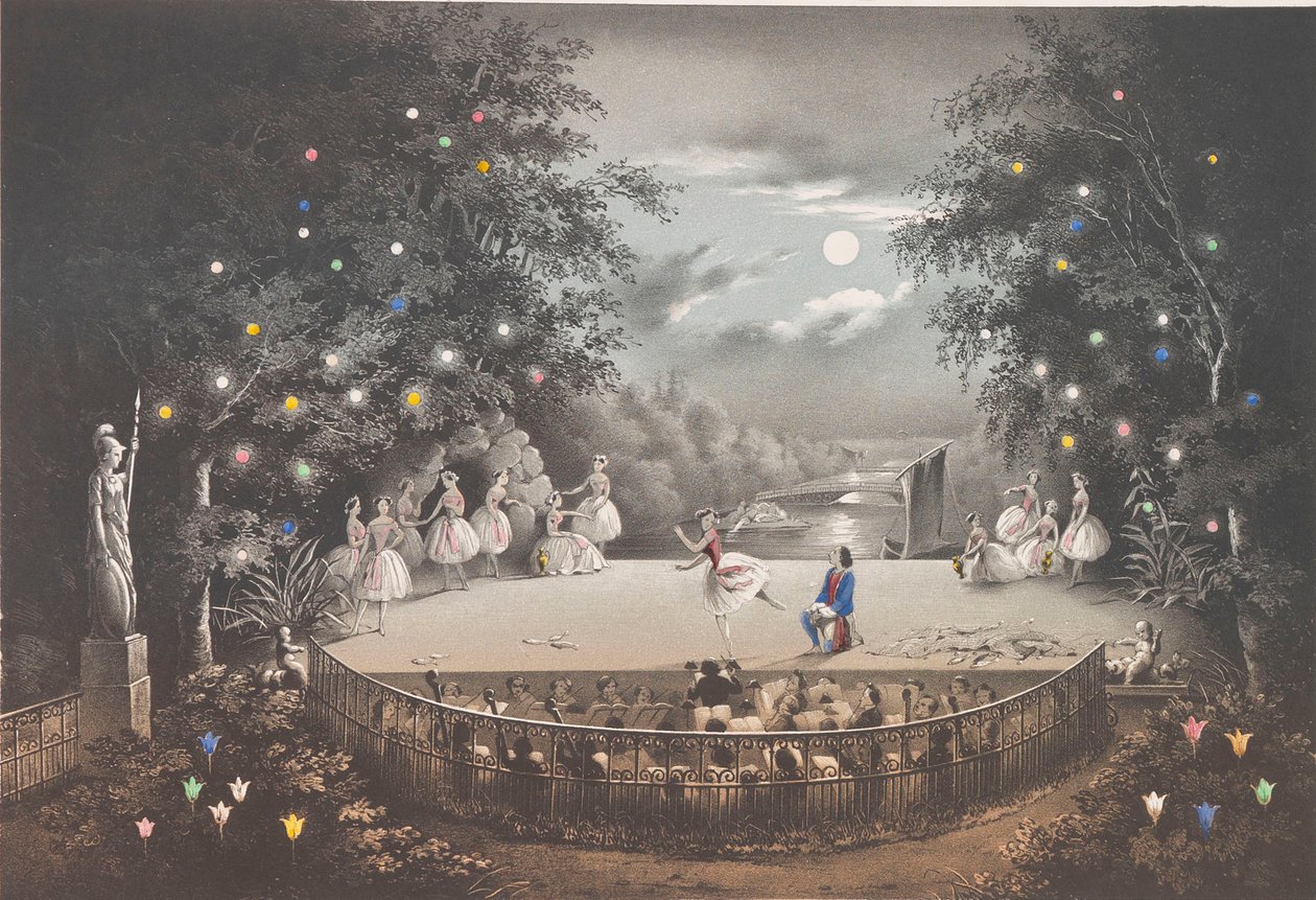 Balletten Naiad and Fisherman av C. Pugni i den rosa paviljongen, i Peterhof-parken, 1851. av Pyotr Fyodorovich Borel