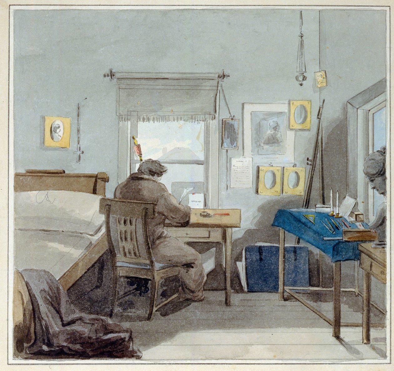 På jobb. I huset til Pavel Nashchokin (1801-?) (Moskva). (På jobben. I Pavel Nashchokin-huset). Verk av Pyotr (Piotr) Fyodorovich Sokolov (Pierre Sokolov) (1791-1848), akvarell på papir av Pyotr Fyodorovich Sokolov
