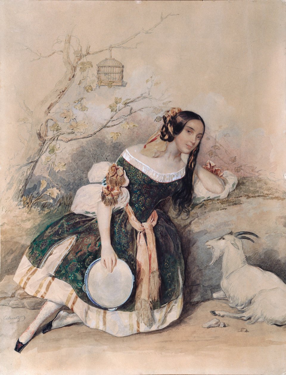 Smaragd. (Ballerina for balletten av Marius Petipa (1818-1910) tilpasset fra ""Notre Dame de Paris"", av Victor Hugo (1802-1885) Verk av Pyotr (Piotr) Fyodorovich Sokolov (Pierre Sokolov) (1791-1848), akvarell, gouache, hvit og gull på papir Art r av Pyotr Fyodorovich Sokolov