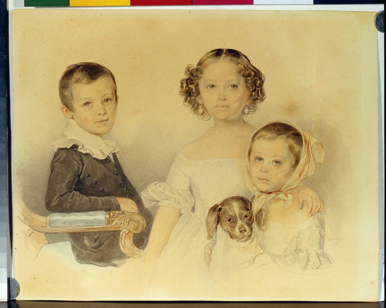 Portrett av Lanskoy-barna. Verk av Pyotr (Piotr) Fyodorovich Sokolov (Pierre Sokolov) (1791-1848), akvarell på papp av Pyotr Fyodorovich Sokolov