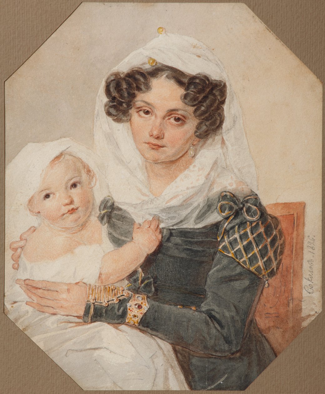 Portrett av grevinne Maria Nikolayevna Volkonskaya 1805-1863 med sønn Nikolay, 1826 av Pyotr Fyodorovich Sokolov
