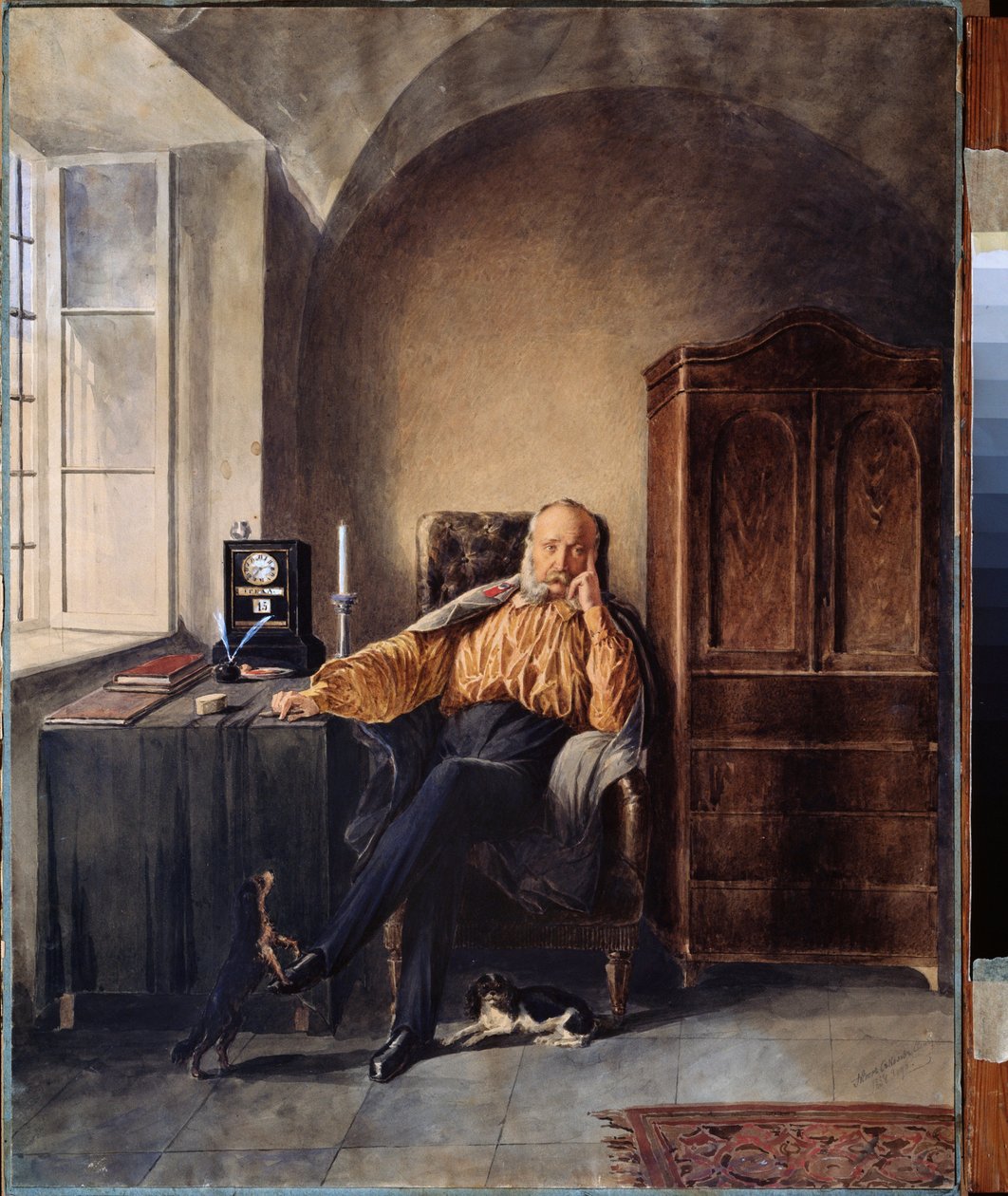 Pensjon. (En mann alene, oppslukt i tankene ved skrivebordet sitt). Verk av Pyotr (Piotr) Petrovich Sokolov (1821-1899), akvarell og hvitt på papir av Pyotr Fyodorovich Sokolov