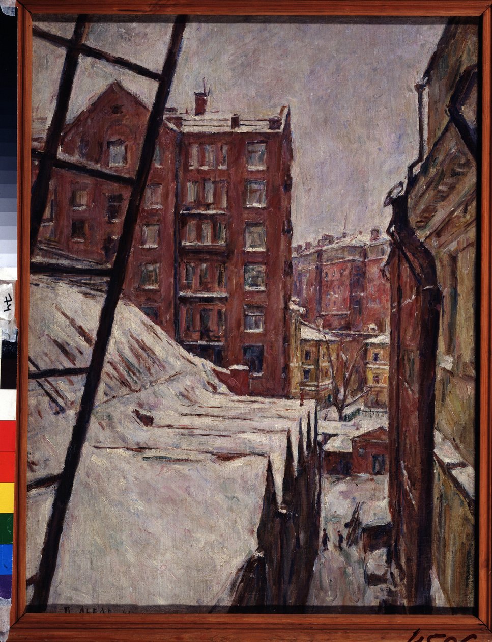 21 Myasnitskaya gate, Moskva (Myasnitskaya gate, 21). Bylandskap under snøen. Maleri av Pyotr Ivanovich Lvov (1882-1944), olje på lerret av Pyotr Ivanovich Lvov