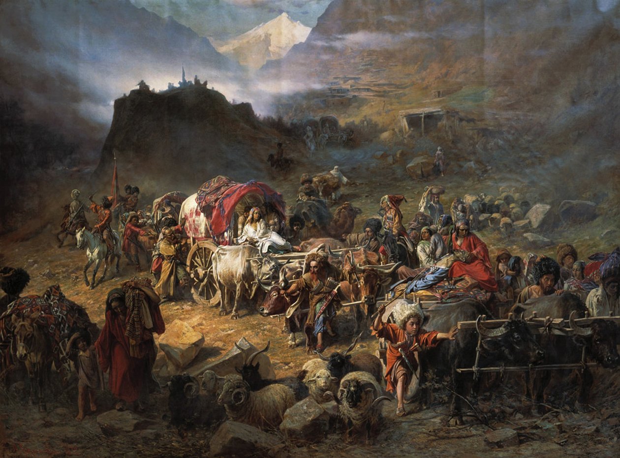 Fjellklatrene forlater aul før den russiske hæren nærmer seg, 1872 av Pyotr Nikolayevich Grusinsky
