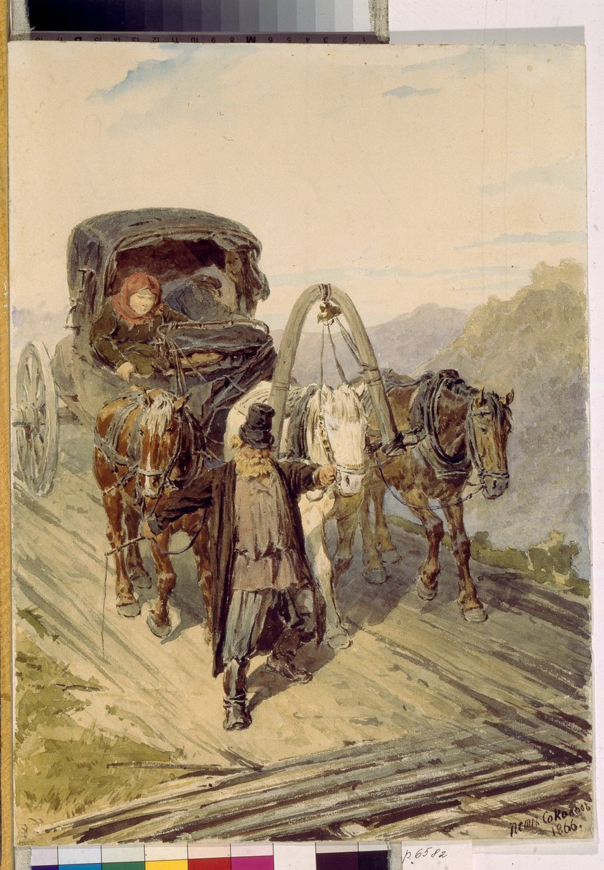 Troika (russisk vogn trukket av tre hester). Verk av Pyotr (Piotr) Petrovich Sokolov (1821-1899), akvarell på papir av Pyotr Petrovich Sokolov