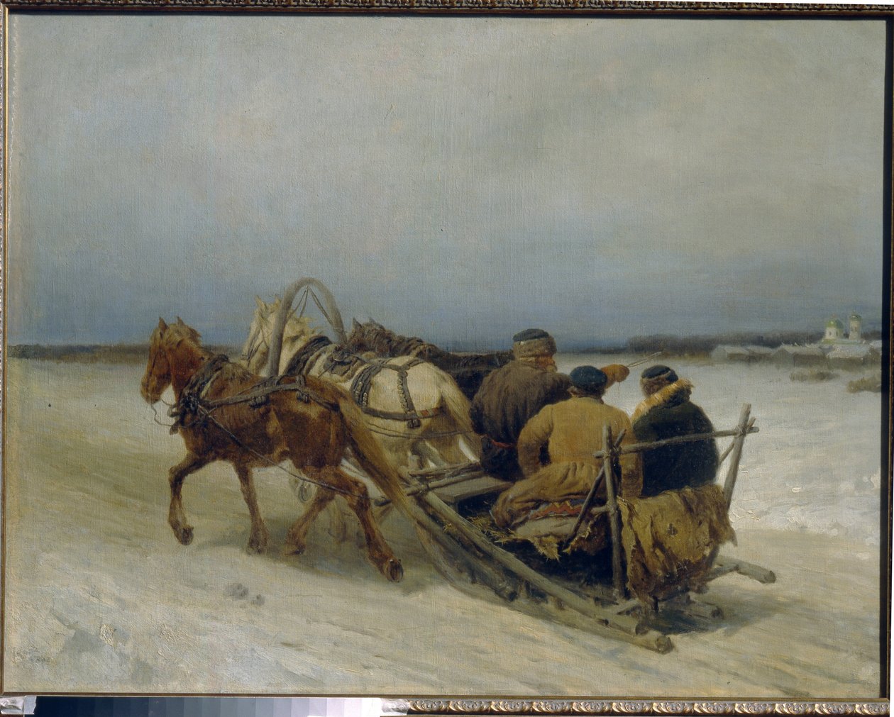 Troica iarna. (Acropit tradițional rusesc, tras de trei cai). Pictură de Pyotr (Piotr) Petrovici Sokolov (1821-1899), ulei pe pânză norvegiană av Pyotr Petrovich Sokolov