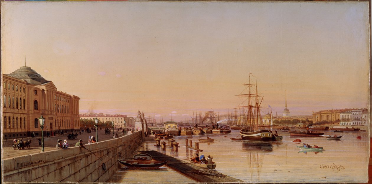 Sommerkveld på bredden av Neva, nær Kunstakademiet i St. Petersburg. Maleri av Pyotr Petrovich Vereschagin (Vereshchagin, Vereshchagin) (1836-1886), olje på lerret, cirka 1870. Russisk kunst av Pjotr ​​​​Petrowitsch Wereschtschagin