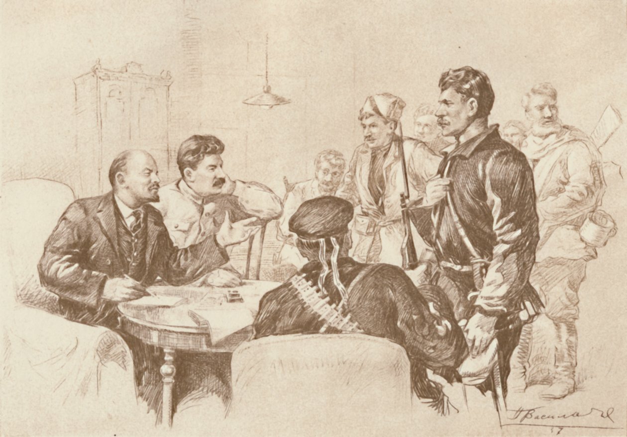 Lenin og Stalin snakker til røde vakter i Smolny, 1917, 1939. av Pyotr Vasilyev