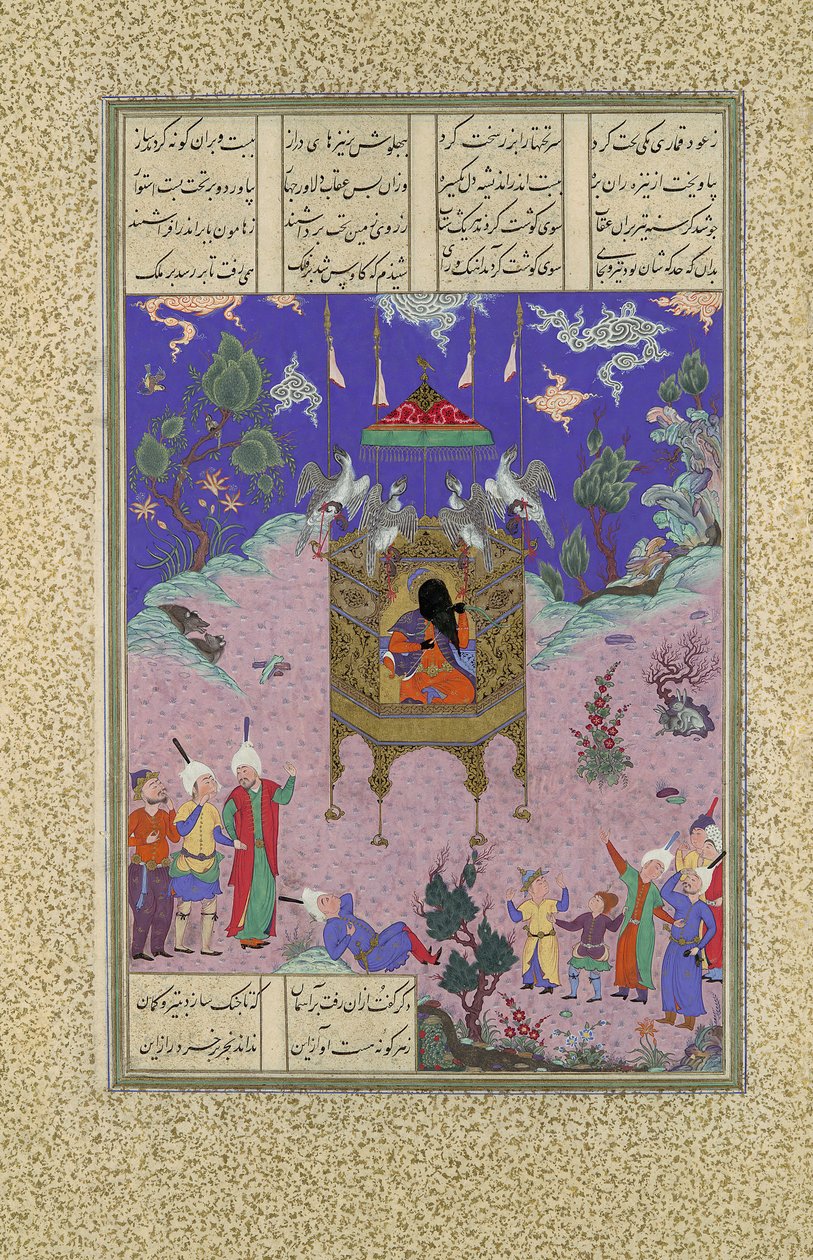 Kai Kavus Ascends to the Sky, Folio 134r fra Shahnama Book of Kings..., ca. 1525-30. av Qadimi