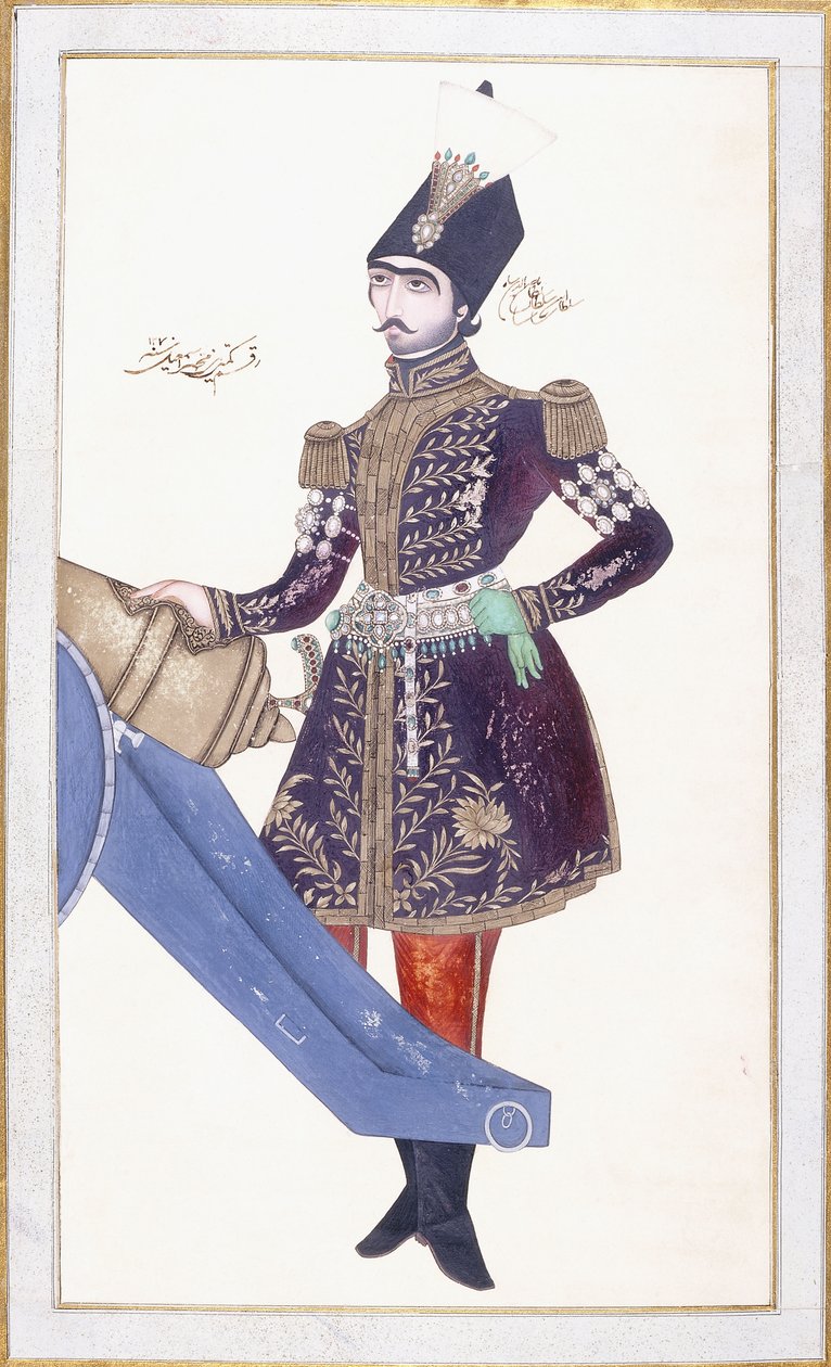 Portrett av Nasir al-Din Shah, hånd hviler på en kanon, ca. 1853-4 av Qajar School