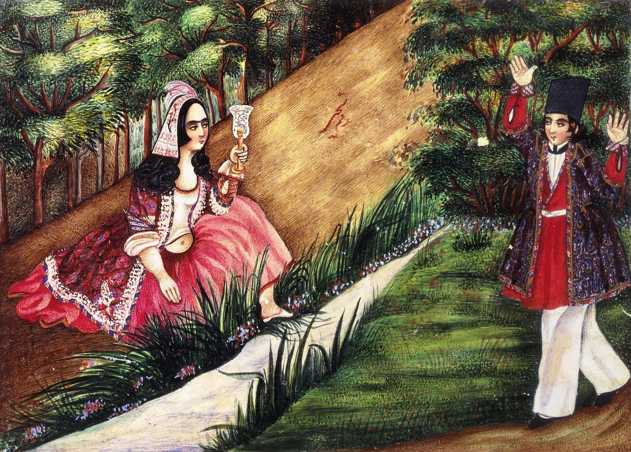 Ungdom kommer over en jente ved en bekk, ca. 1863-4 av Qajar School
