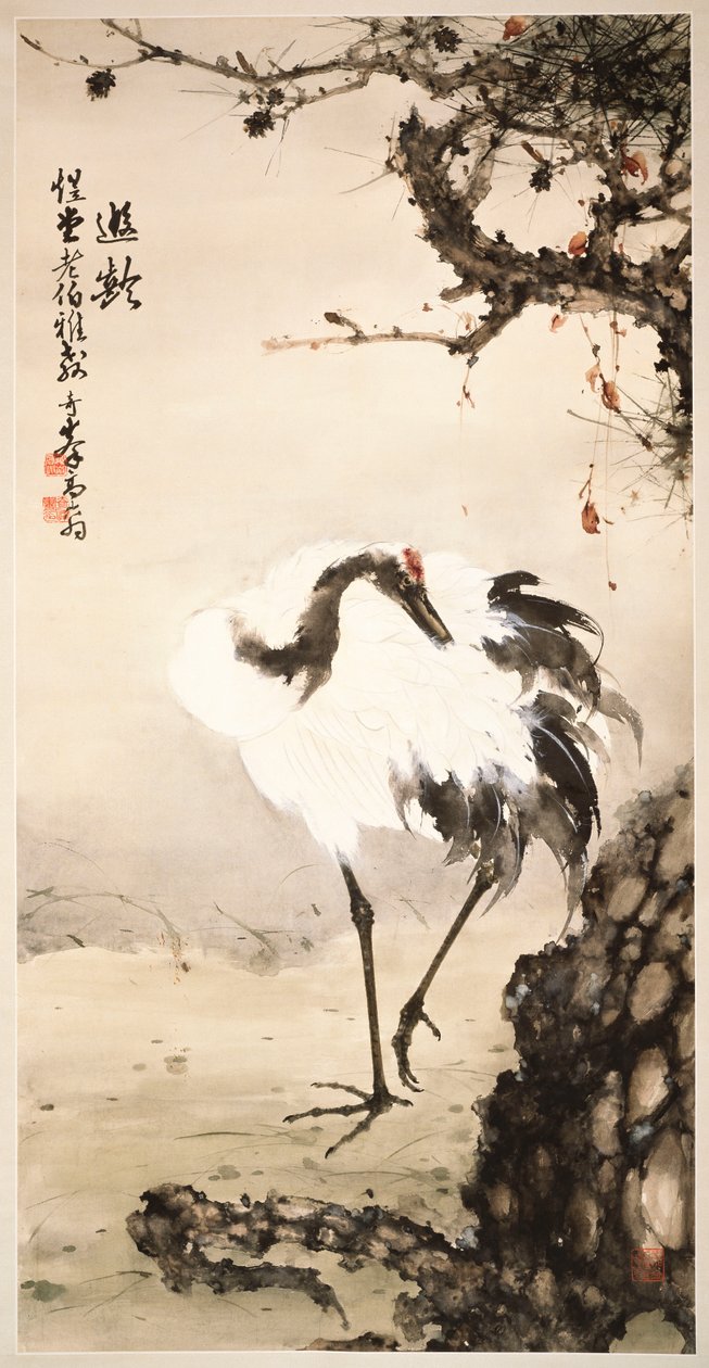 Kran under et furutre (hengende rulle, blekk og farge på papir) av Qifeng Gao