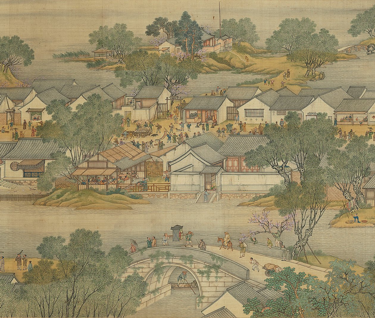 Langs elven under Qingming-festivalen, Qing Court-versjon, håndrull, 1736 av Qing Dynasty Chinese School