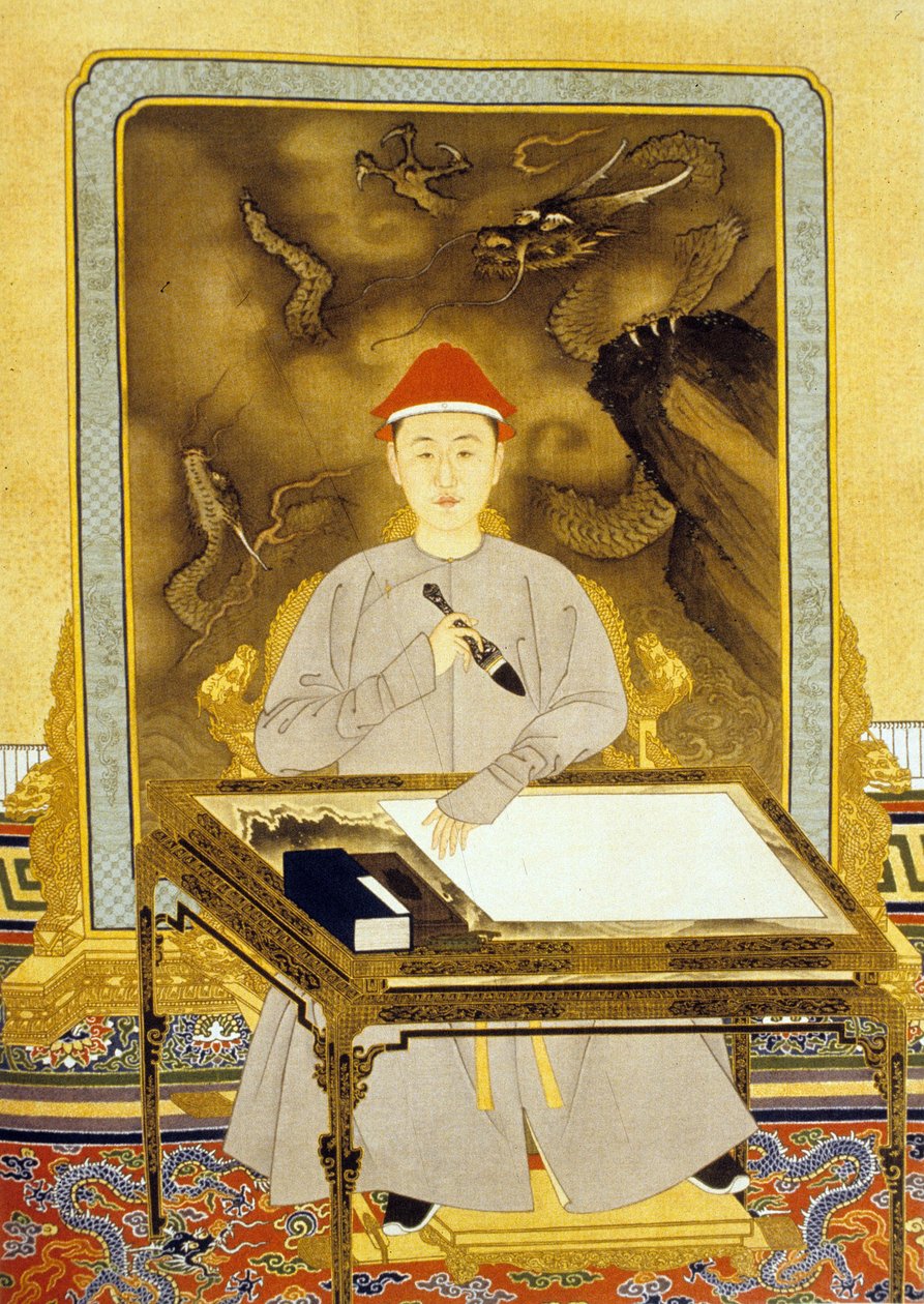 Heng Tsu eller Kangxi, keiser av Kina ved hans skrivepult av Qing Dynasty   Kangxi Period Chinese School