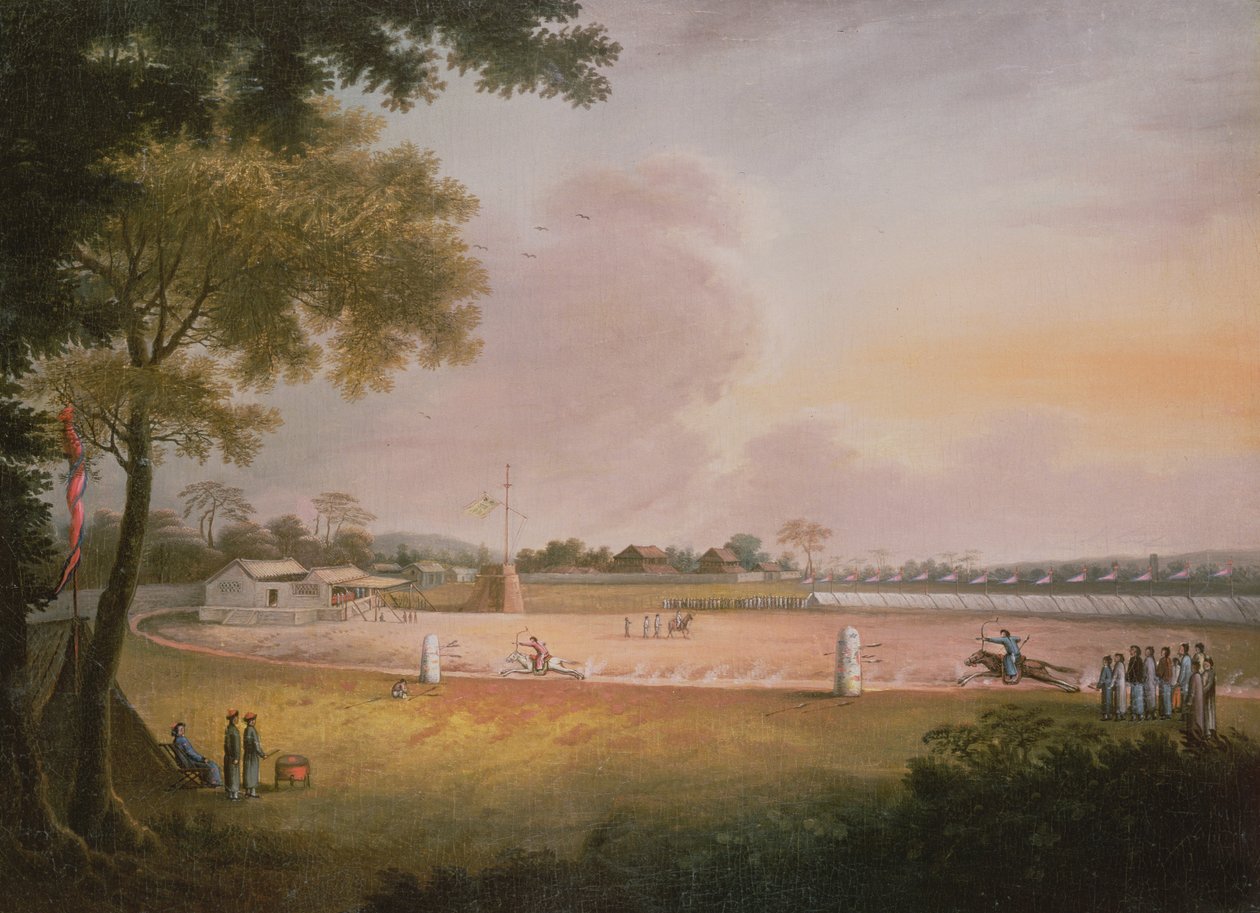 En bueskytingsturnering ved et militærleir, ca. 1850 av Qing Dynasty Chinese School