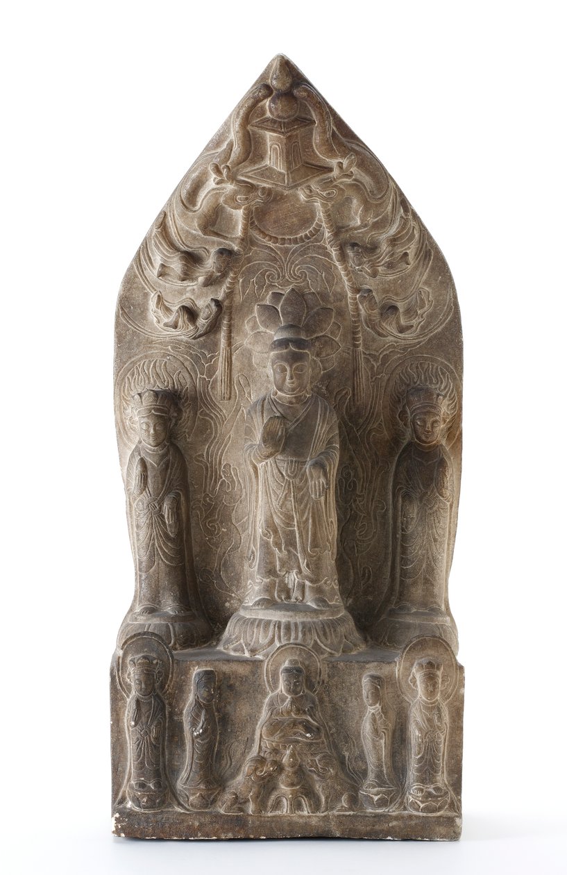 Buddhistisk treenighet i relieff på lotussokkel før spiss bakgrunn av Qing Dynasty Chinese School