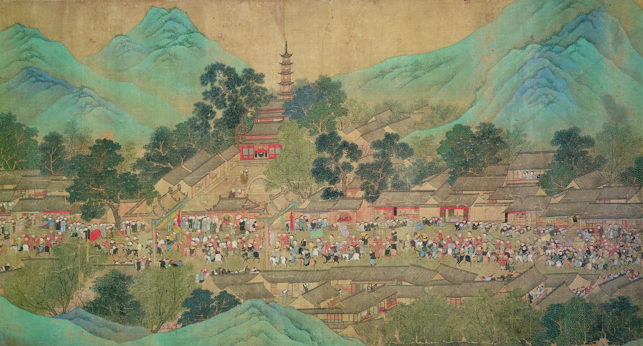 Keiser Kang Shis omvisning i Kiang-Han i 1699, etter Chaio Ping Chen (1661-1722) (blekk og farge på silkepapir) av Qing Dynasty Chinese School