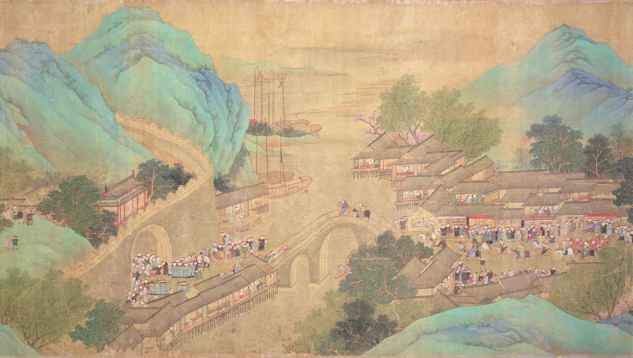 Keiser Kang Shis omvisning i Kiang-Han i 1699, etter Chaio Ping Chen (1661-1722) (blekk og farge på silkepapir) av Qing Dynasty Chinese School