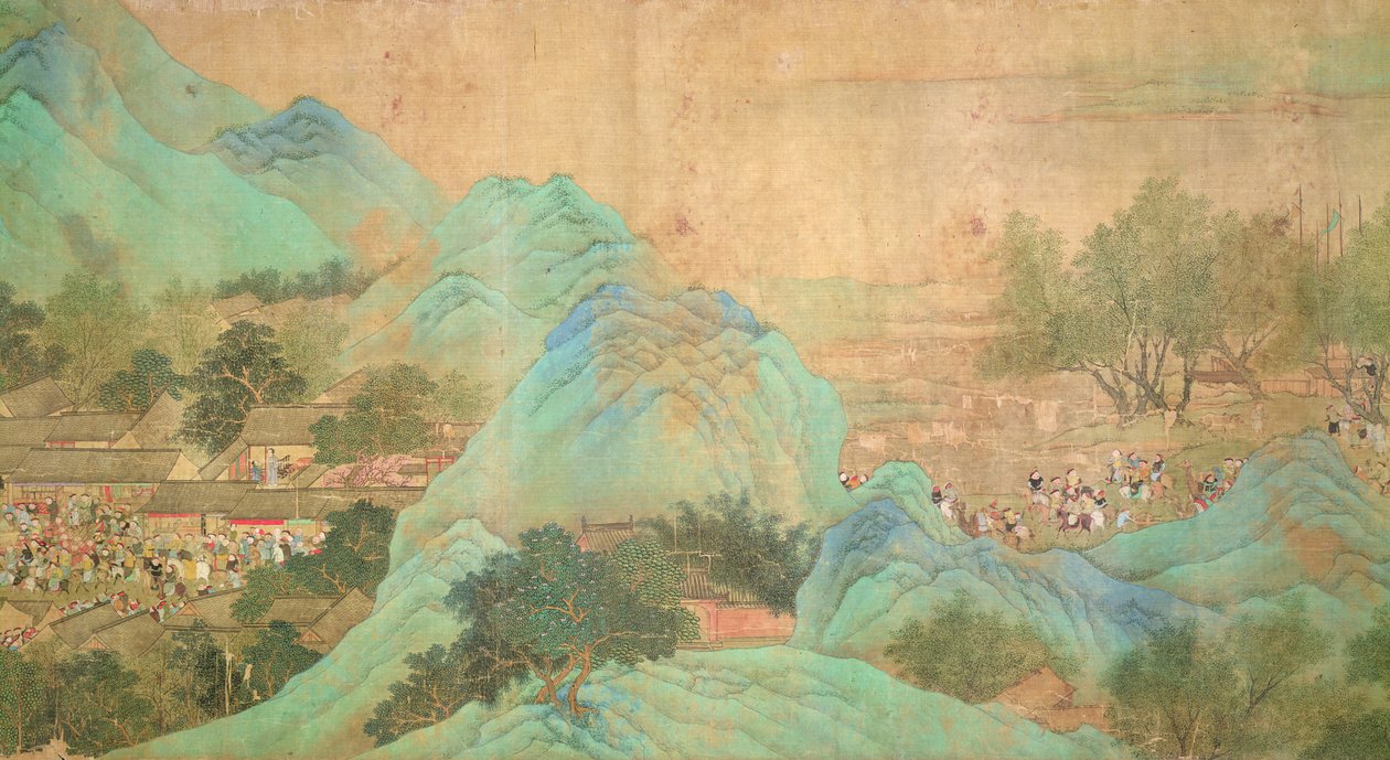 Keiser Kang Shis omvisning i Kiang-Han i 1699, etter Chaio Ping Chen (1661-1722) (blekk og farge på silkepapir) av Qing Dynasty Chinese School