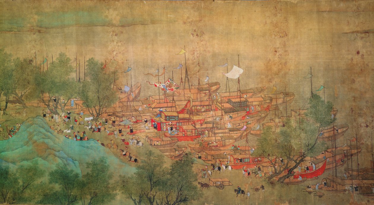 Keiser Kang Shis omvisning i Kiang-Han i 1699, etter Chaio Ping Chen (1661-1722) (blekk og farge på silkepapir) av Qing Dynasty Chinese School