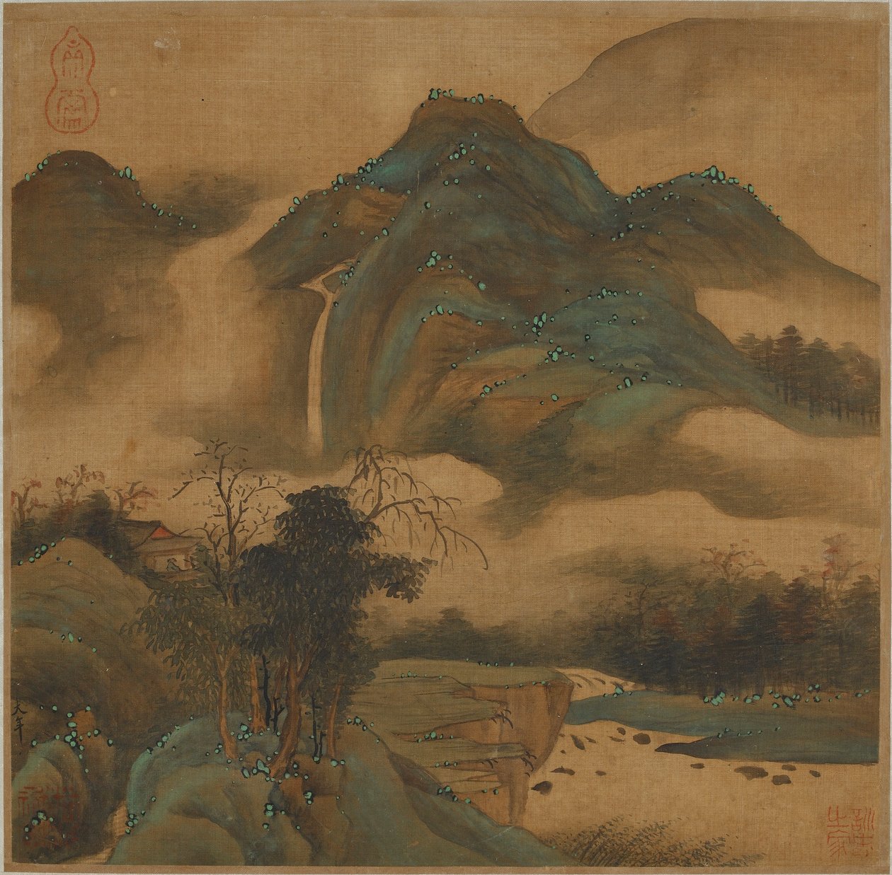 Ser på en foss fra en fjellhytte av Qing Dynasty Chinese School